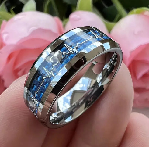 Men's 8mm Tungsten Blue Heartbeat Pattern Carbon Fiber Comfort-Fit Wedding Band